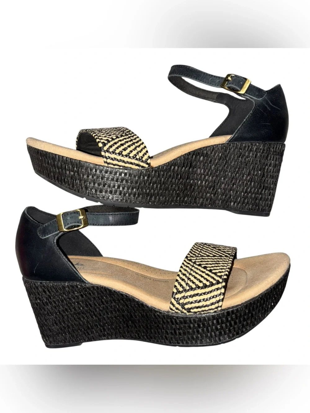 Clarks Collection Rose Ease Black Leather Ankle Strap Wedges Size 9